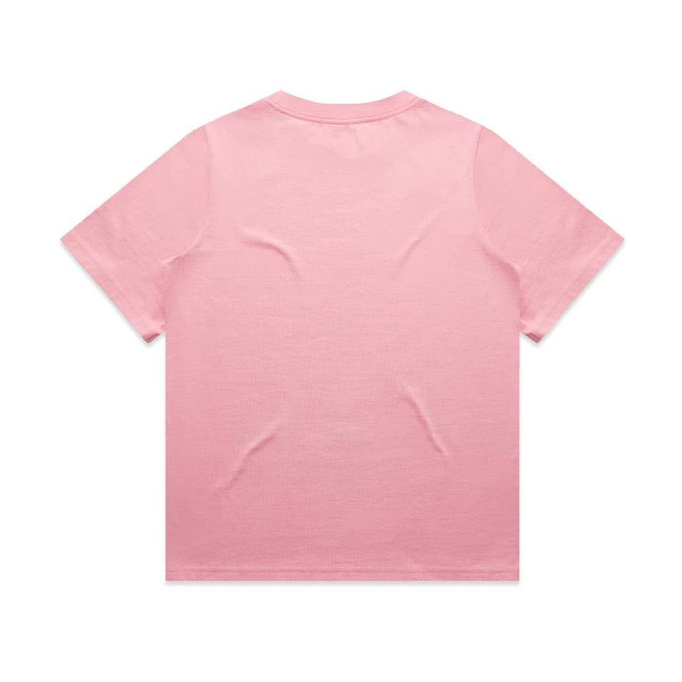 A plain pink T-shirt with a round neck and short sleeves. It features a logo on the back.