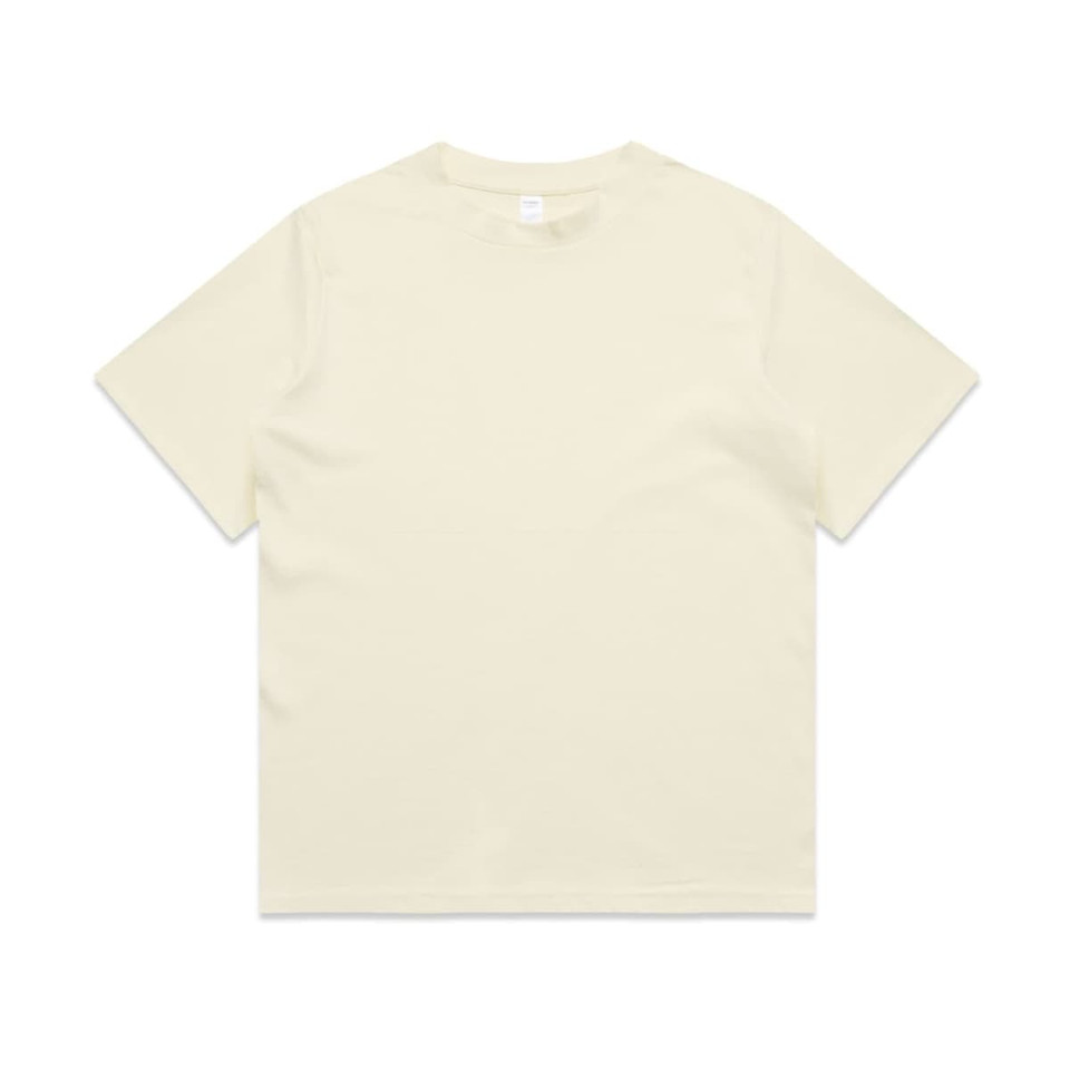 A plain cream-coloured T-shirt with short sleeves and a crew neck. It features a logo on the inside label.