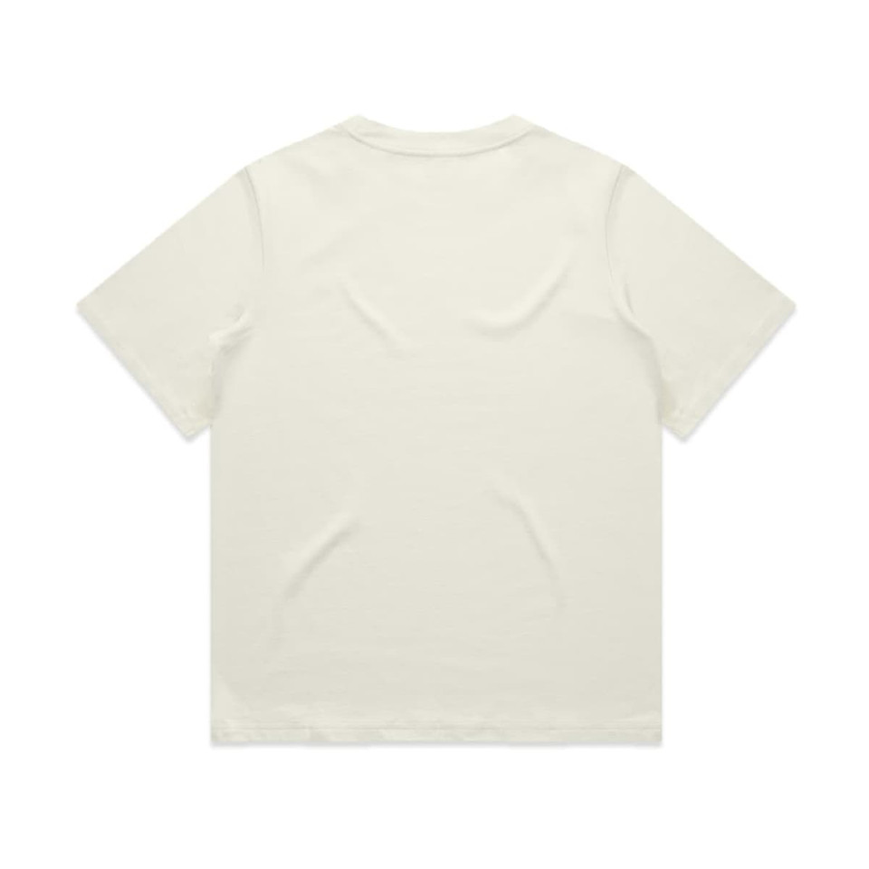 A cream-coloured t-shirt featuring short sleeves and a plain back design. It has a branding logo.