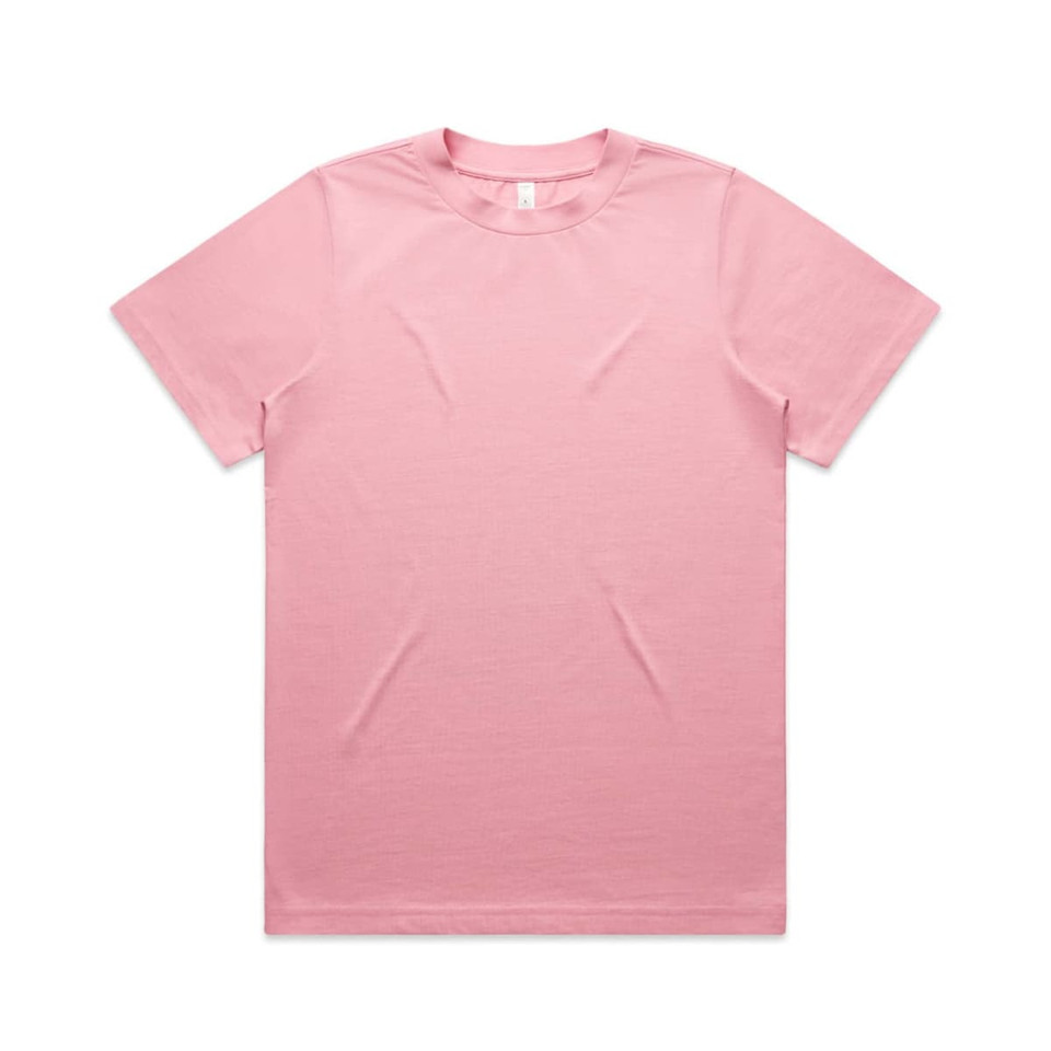 A pink T-shirt with short sleeves and a crew neckline, featuring a simple design and a branding logo.