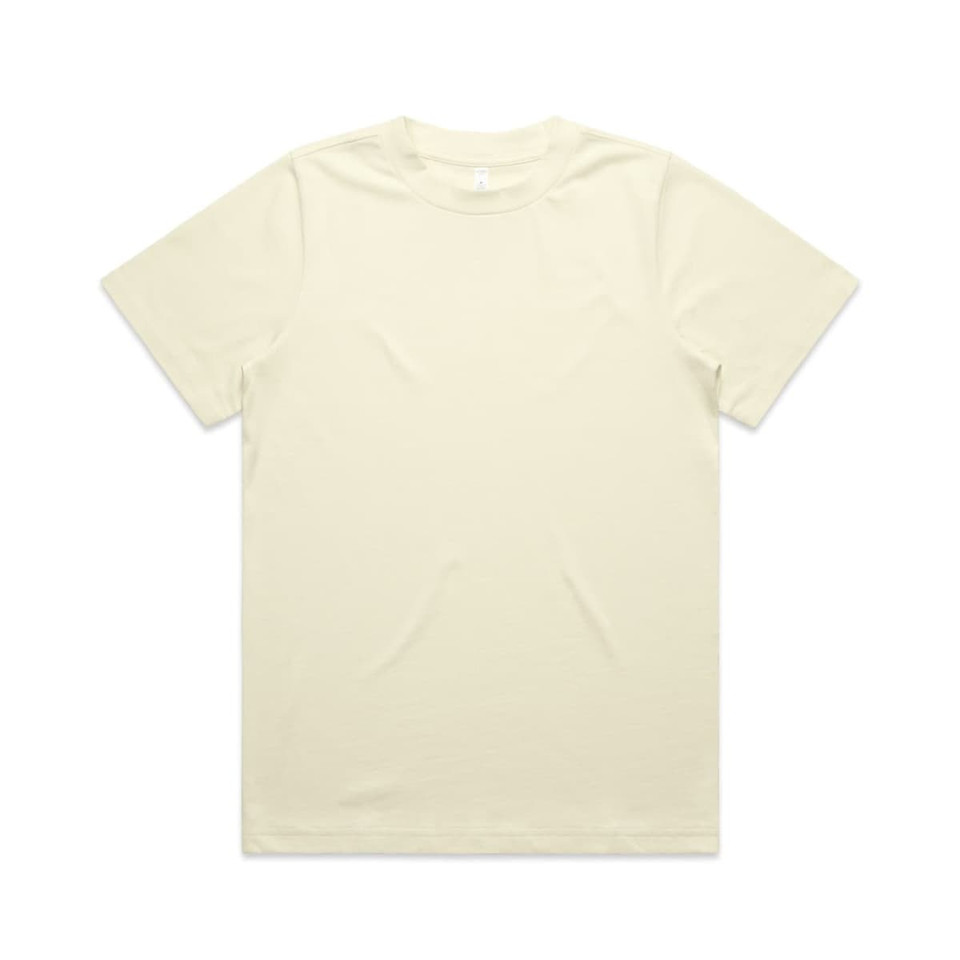 A pale yellow T-shirt with short sleeves, featuring a simple design and a logo on the label.