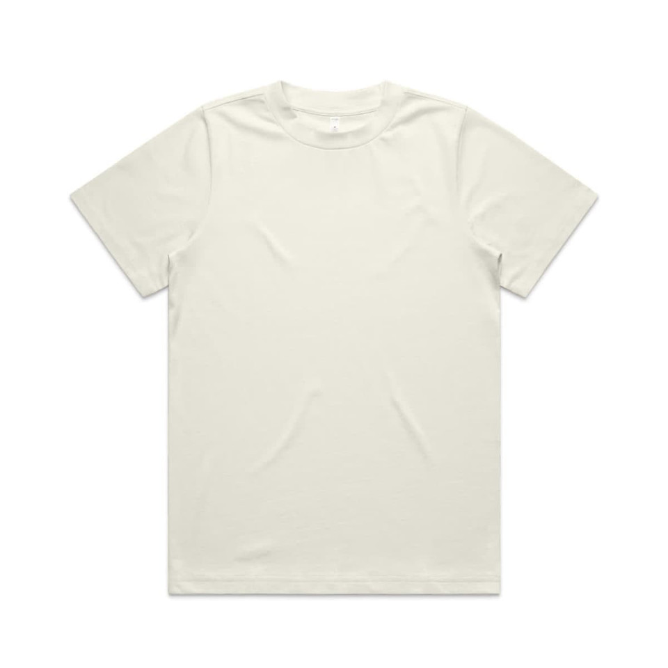 A plain, cream-coloured T-shirt with a round neck and short sleeves. It features a logo on the label.
