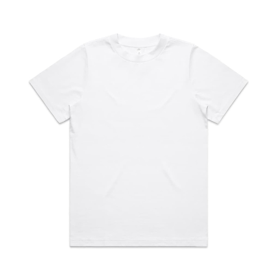 A white t-shirt with a classic crew neck design and short sleeves, featuring a logo.