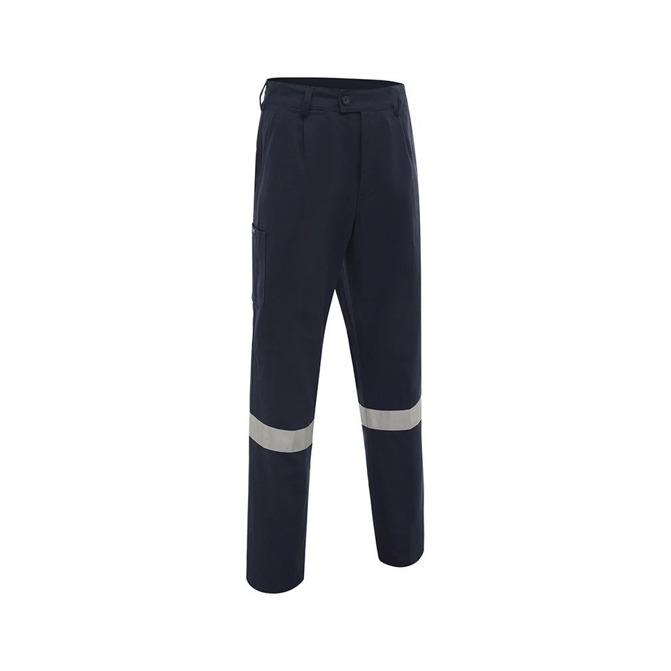 Navy saftey pants with tape around the lower legs