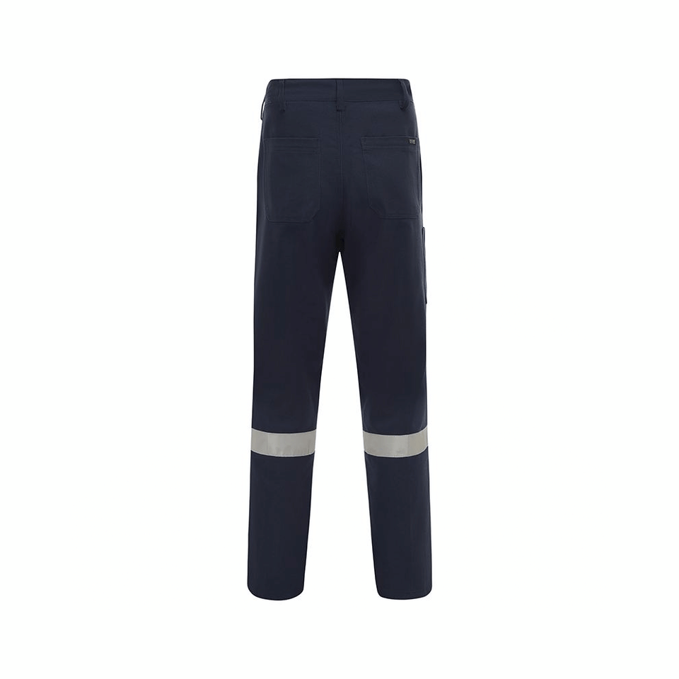 Back view of navy saftey pants with tape around the lower legs