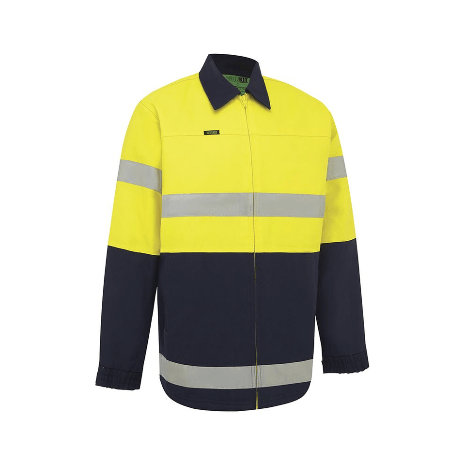 HiVis drill jacket in yellow with the bottom half in navy. End of sleeve also in navy. Hooped tape around the chest, waist and upper arms.