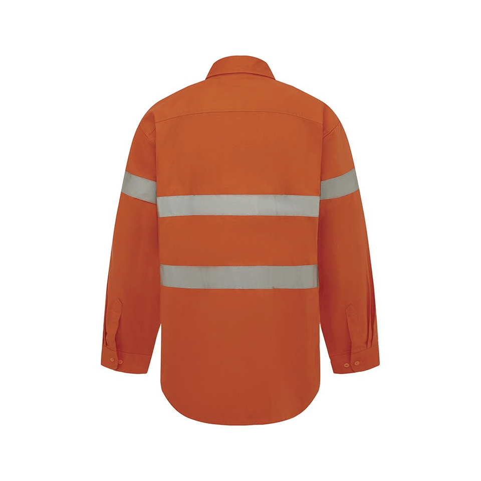 Back view of a Hi Vis work shirt in orange with reflective tape hooped around the chest, the waist and the upper arms