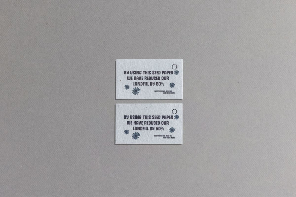 Two rectangular seed paper business cards in light grey with blue text and a circular logo, promoting sustainability.