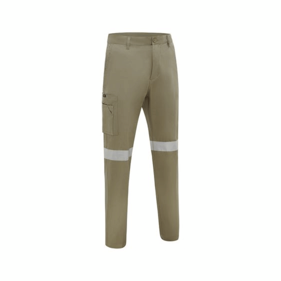 Cargo work pants in khaki with reflective tape hooped around the knee area
