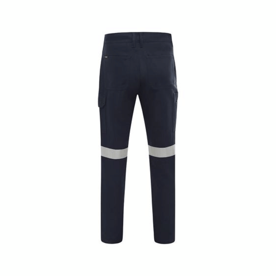 Back view of cargo work pants in navy with reflective tape hooped around the knee area