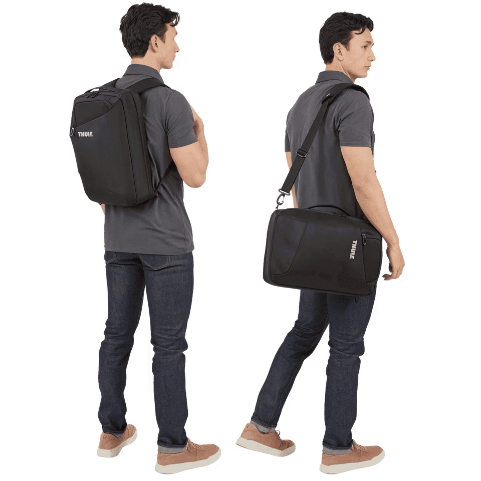 A black convertible backpack displayed on a model, featuring adjustable straps and a sleek design.