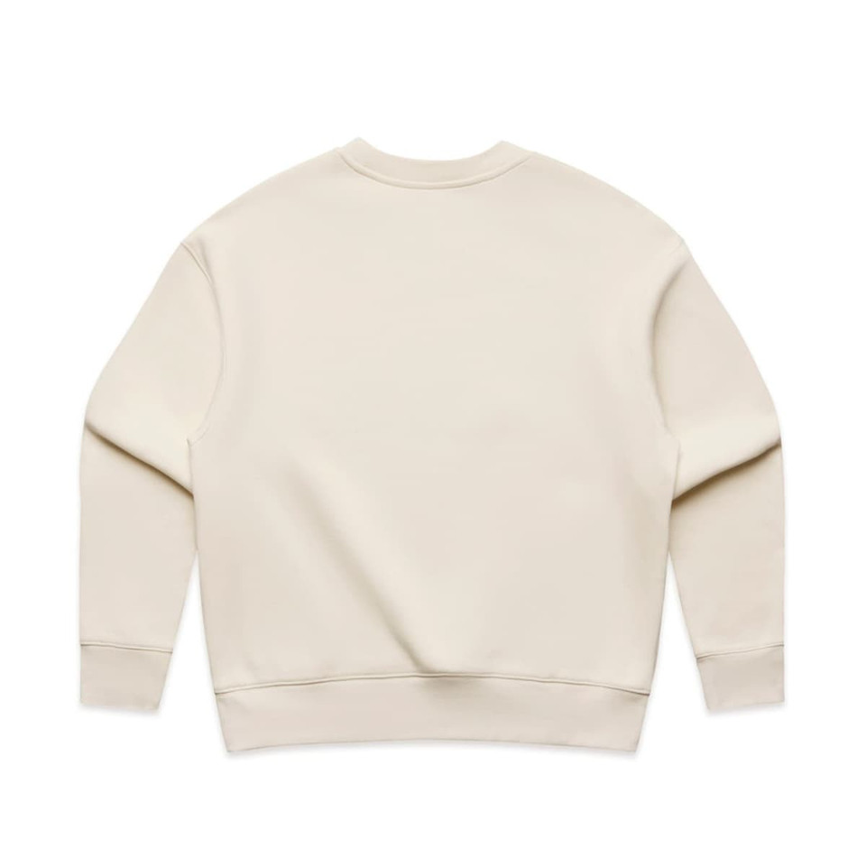 A beige jumper with a simple, relaxed design and a branding logo on the back.