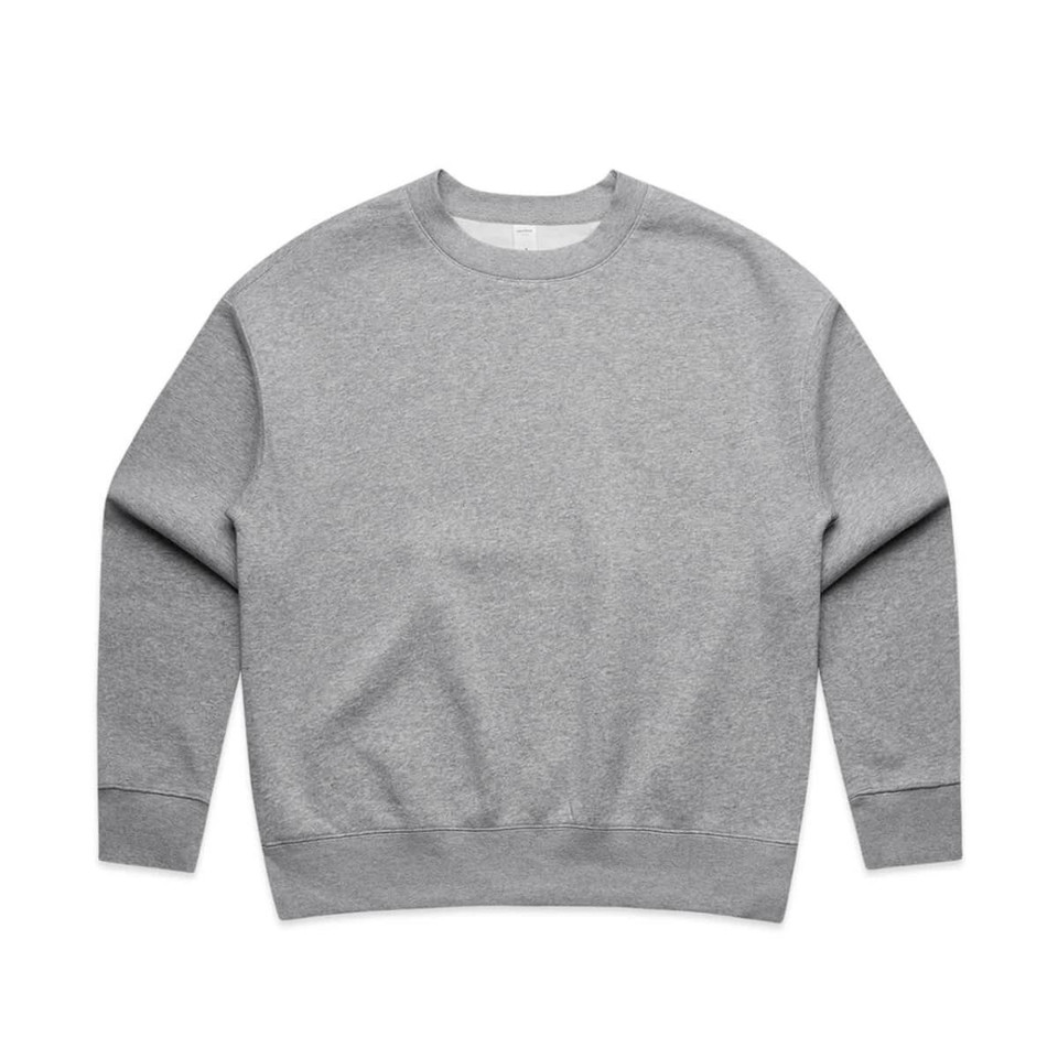 A grey crew jumper with a relaxed fit and long sleeves, featuring a logo on the front.