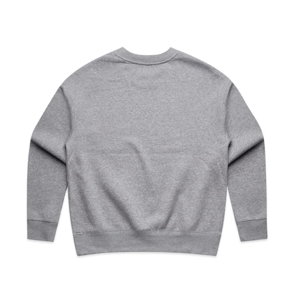 A grey jumper with a classic crew neck and long sleeves, featuring a simple design on the back.