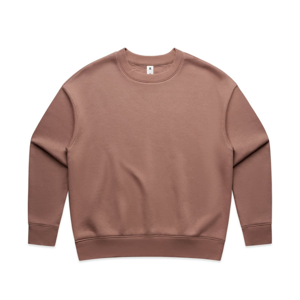 A brown jumper featuring a round neckline and long sleeves, with a logo on the front.