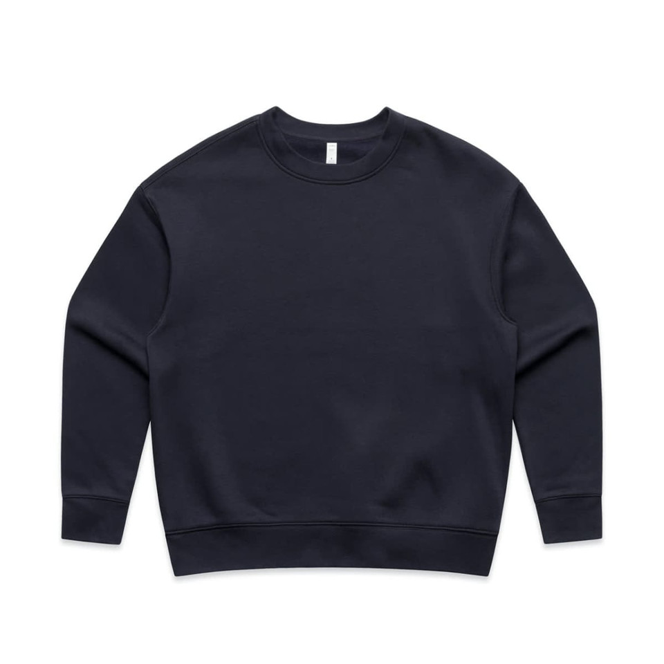 A navy blue fleece jumper with a round neckline and long sleeves. It features a blank design and has a branding logo.