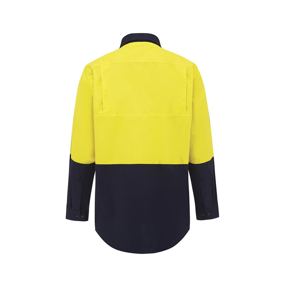 Back view of a long sleeve work shirt with the top half in yellow and the bottom half in navy