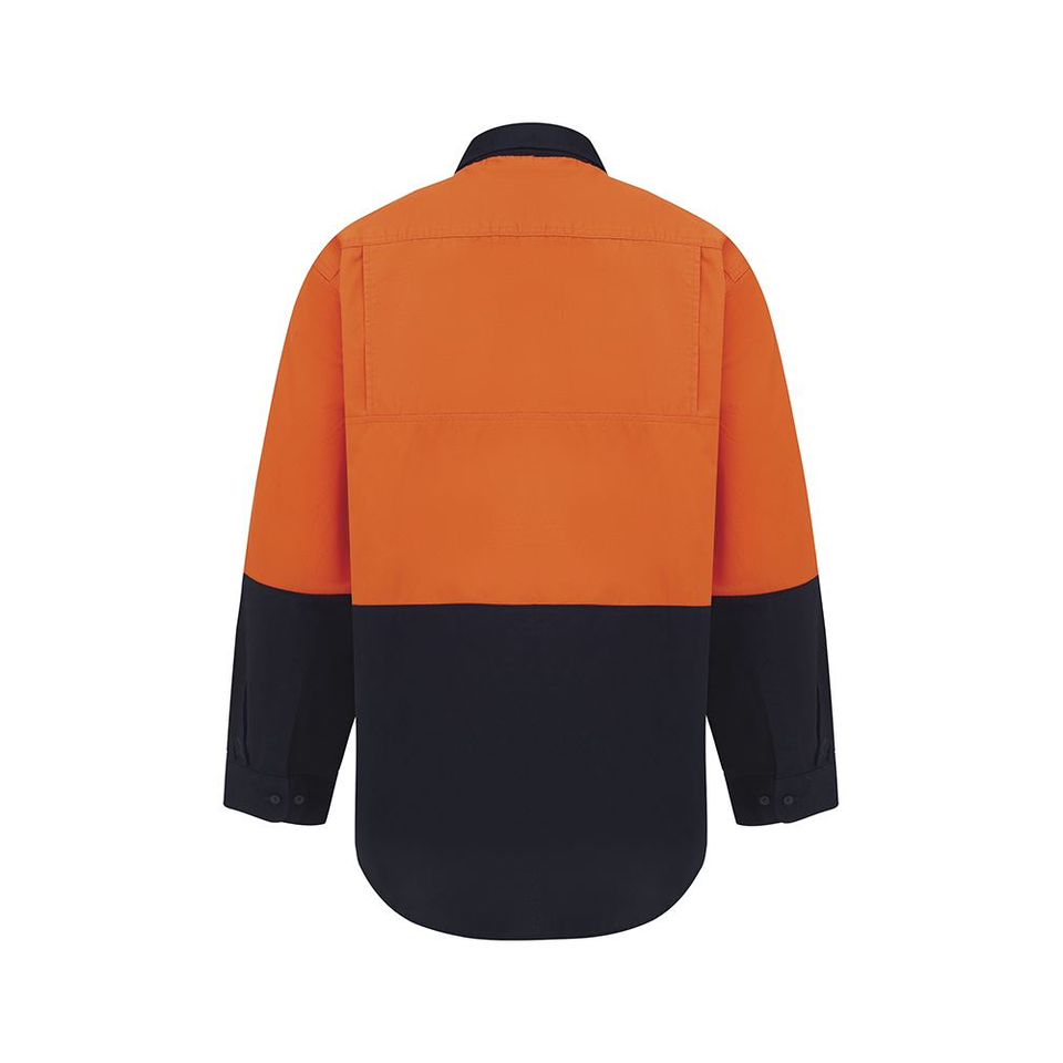 Back view of a long sleeve work shirt with the top half in orange and the bottom half in navy
