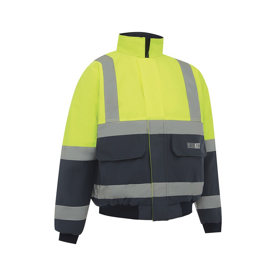 Two tone hi vis bomber jacket in yellow and navy with refelective tape over the shoulders, around the chest, the hip area, upper arm and lower arm