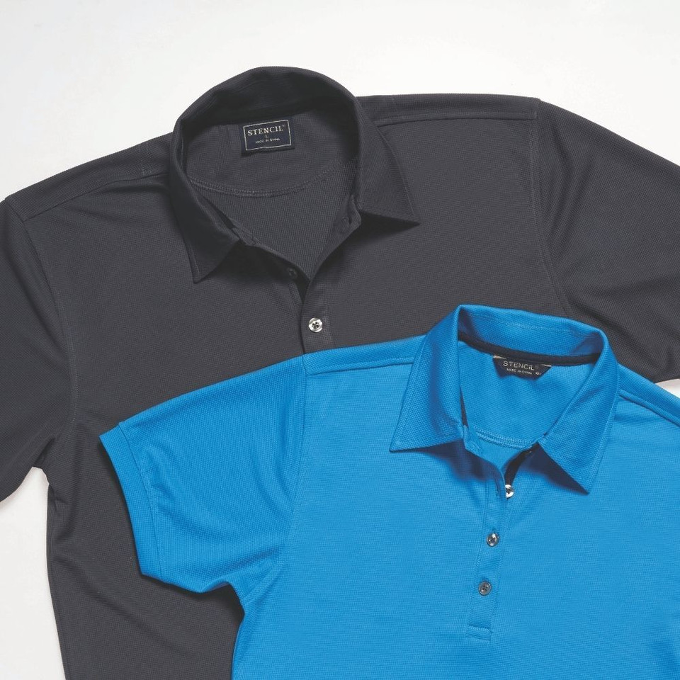Two polo shirts laid flat: one black and one blue, both with collars and buttons, featuring a textured fabric design.