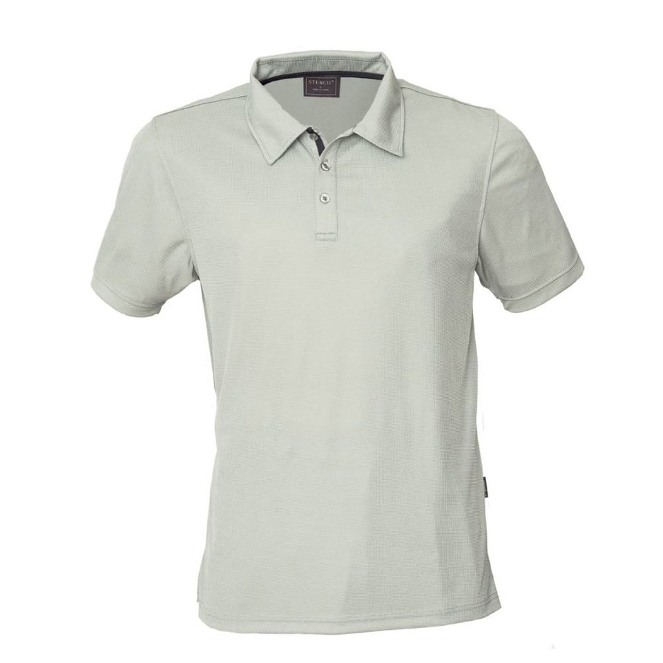 A light grey polo shirt with a collar and three-button placket, featuring a tag on the side.