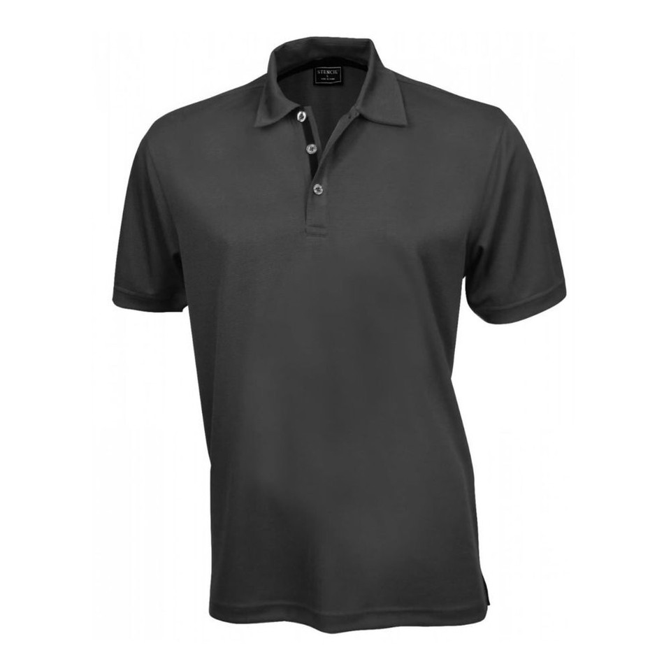 A dark grey polo shirt featuring a classic collar and three buttons, with a logo on the chest.