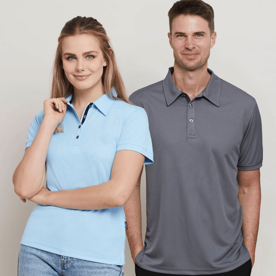 Two polo shirts, one in dark gray and the other in bright blue, displayed with their collars and buttons visible.