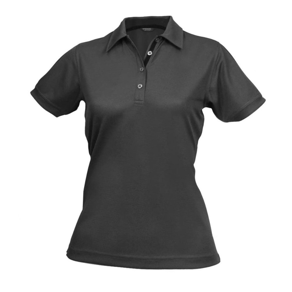 A dark grey women's polo shirt with a collar and three buttons, featuring a logo.