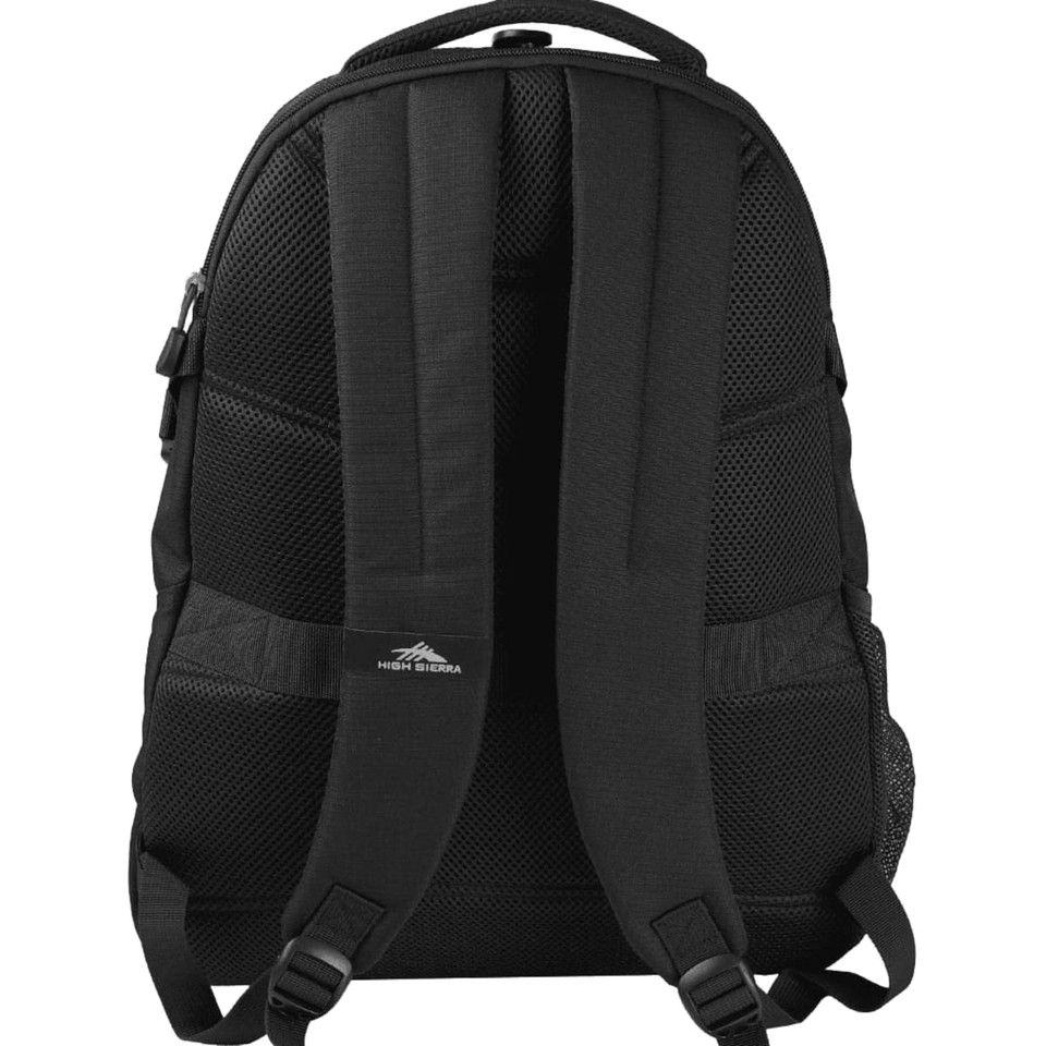 A black backpack with padded straps and a mesh back for breathability, featuring a logo.