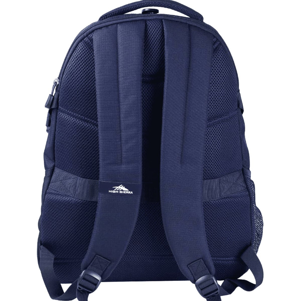 A navy blue backpack featuring padded shoulder straps and a logo on the back.