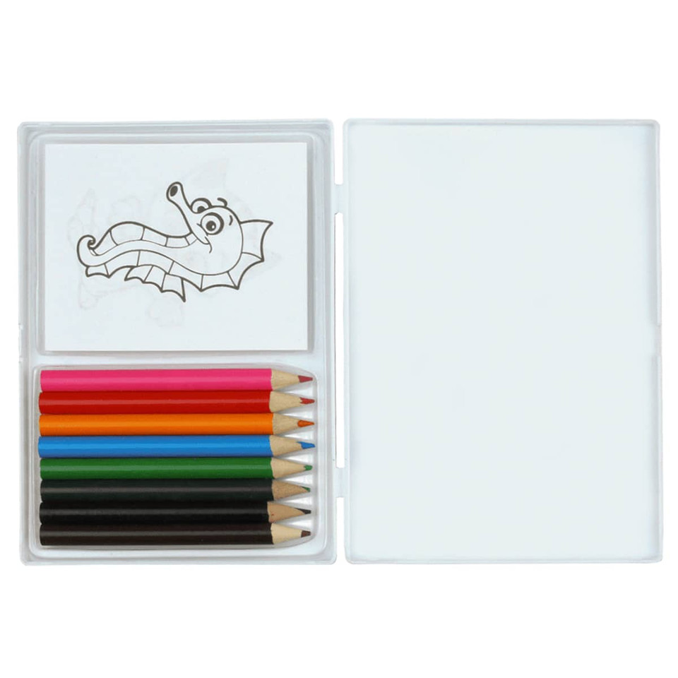 A colouring set featuring an assortment of coloured pencils in red, blue, green, yellow, black, and brown, with blank sheets.
