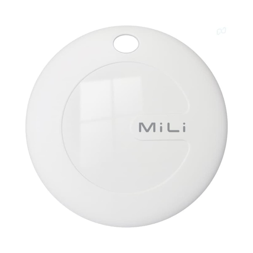 A white circular tracking tag with a glossy finish and a small hole for attachment. It features a logo.