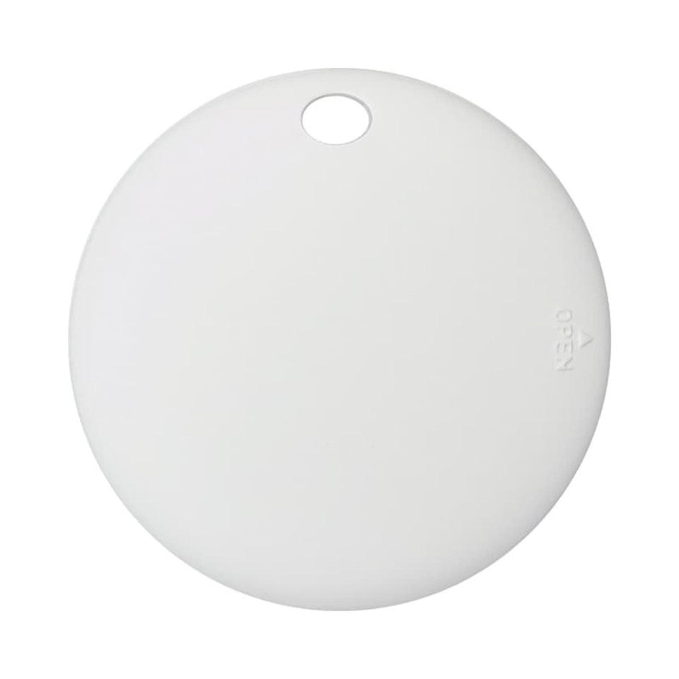 A round white tracking tag with a hole for attachment, featuring a branding logo on one side.