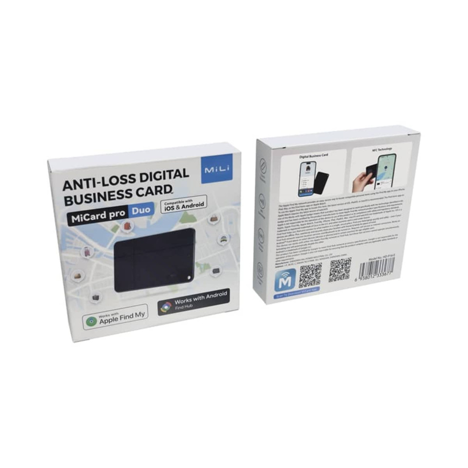 A black digital business card packaging with tracking capabilities, featuring branding and a detailed back.