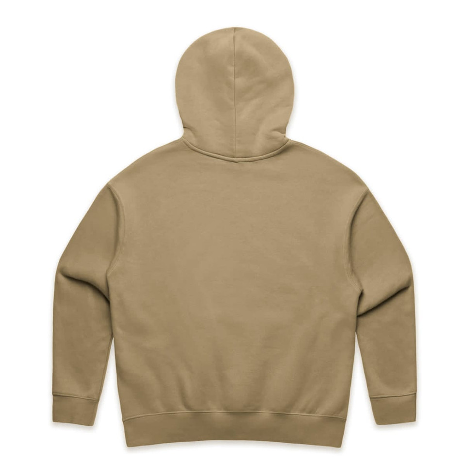A beige hoodie with a spacious hood and a clean back design, featuring a logo on the back.