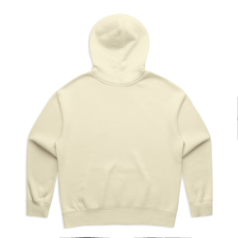 A cream-coloured hoodie with a full back view, featuring a hood and ribbed cuffs. It has a logo.