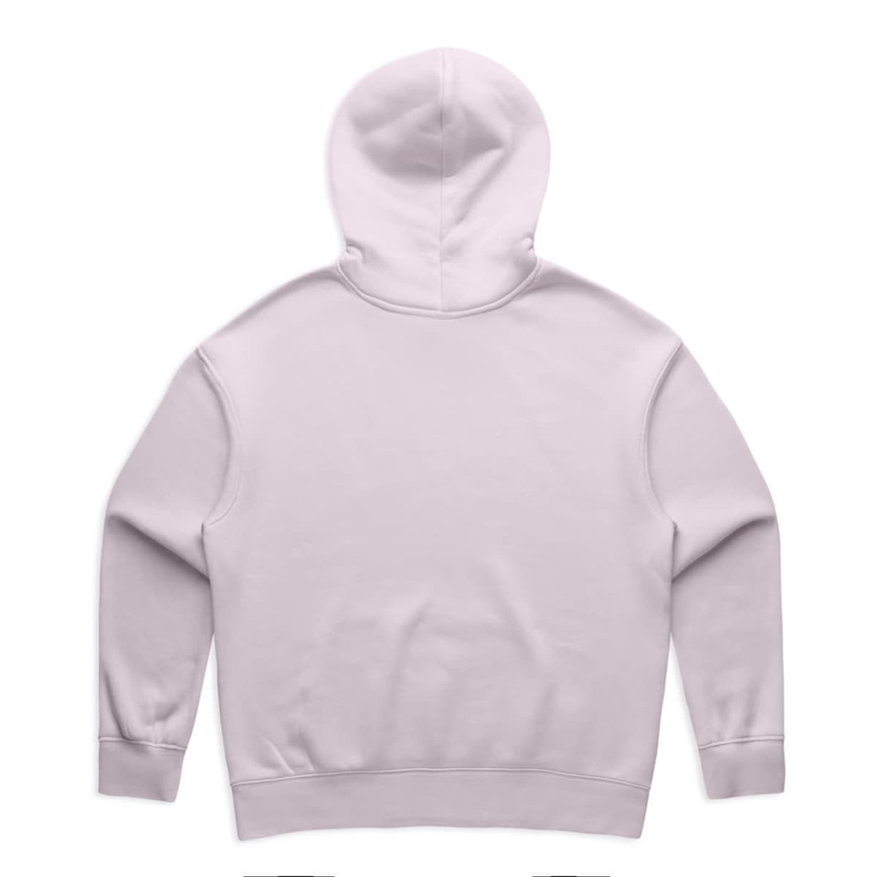 A pale pink hoodie with a spacious hood and ribbed cuffs, featuring a simple design and no visible branding.