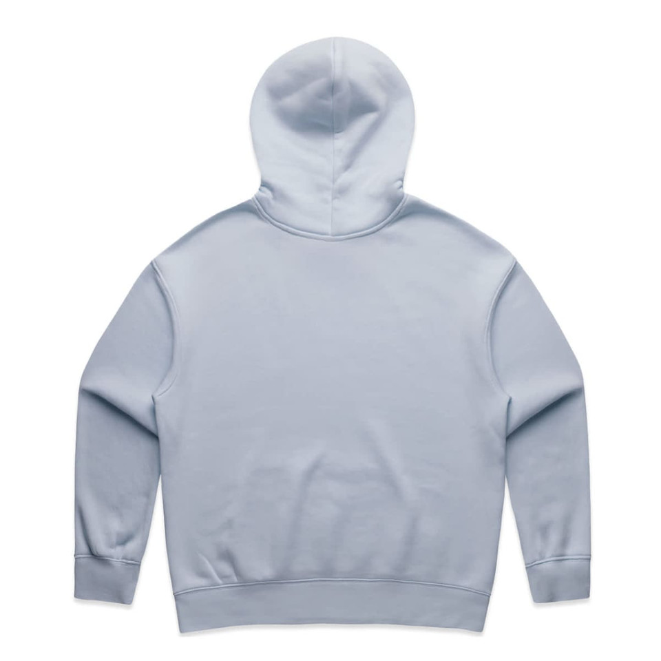 A light blue hoodie with a hood and ribbed cuffs. The back is plain and features a logo.