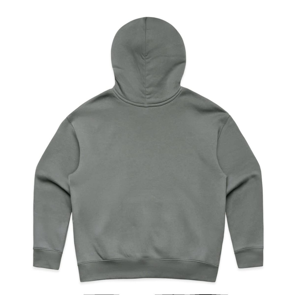A grey hoodie with a large hood and a plain back, featuring a logo at the neckline.
