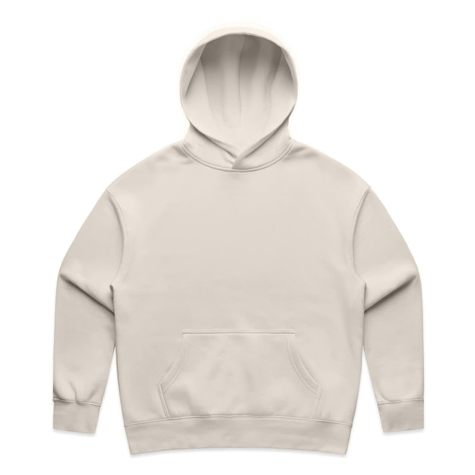 A beige hoodie with a front pocket and a hood, featuring a logo on the front.
