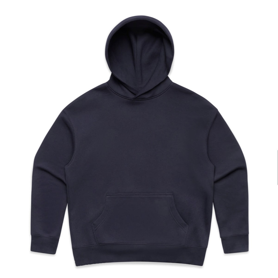 A navy blue hoodie featuring a front pocket and a drawstring hood, with a logo present.