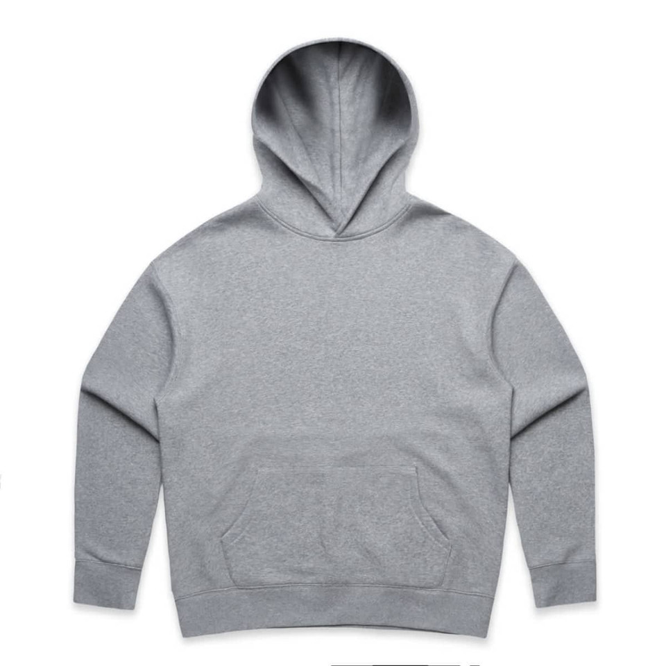 A grey hoodie featuring a front pocket and a hood, with a logo on the design.