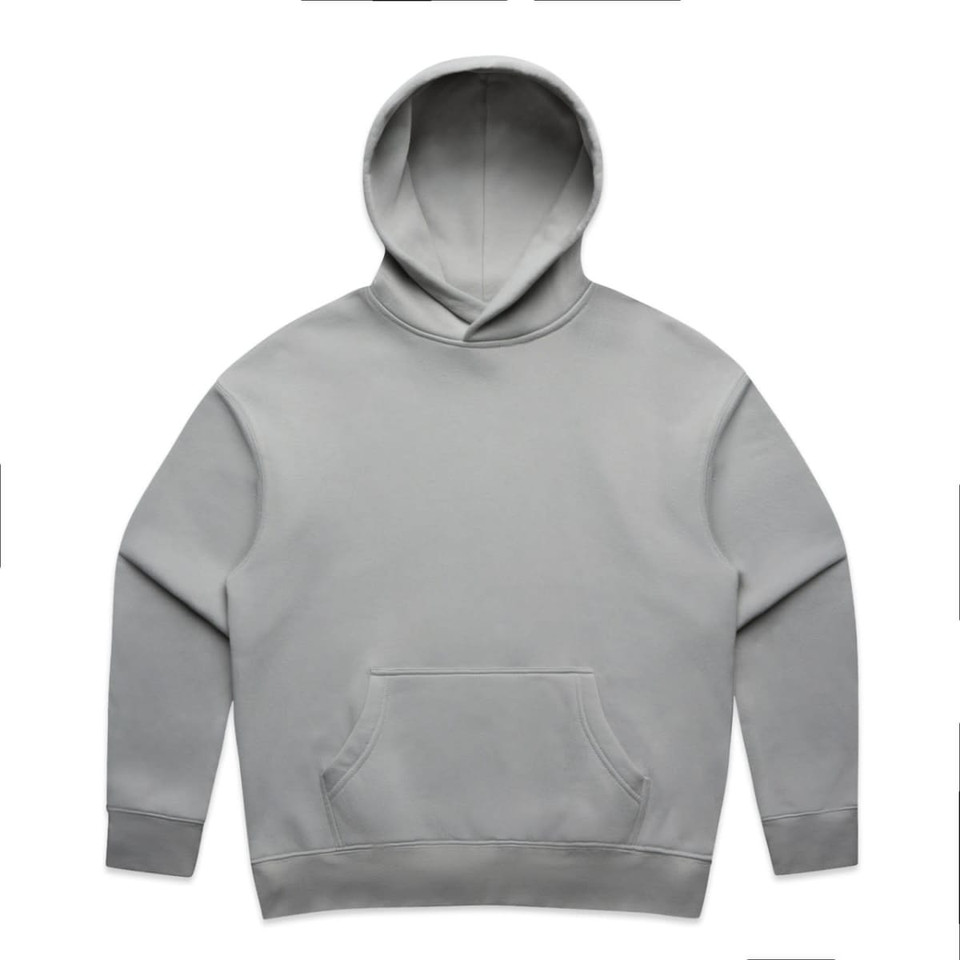 A light grey hoodie with a front pocket and a drawstring hood, featuring a logo.