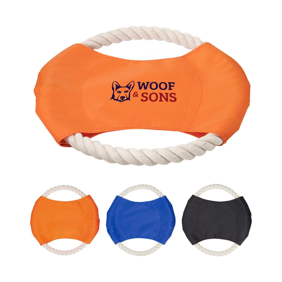 An orange dog toy with a rope handle, featuring a logo. Available in orange, blue, and black variations.