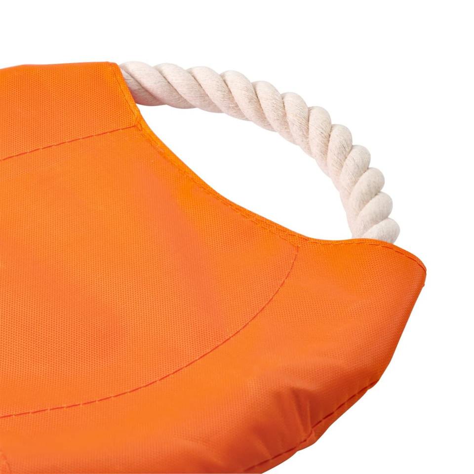 An orange dog toy with a fabric surface and a white rope handle. It features a logo.