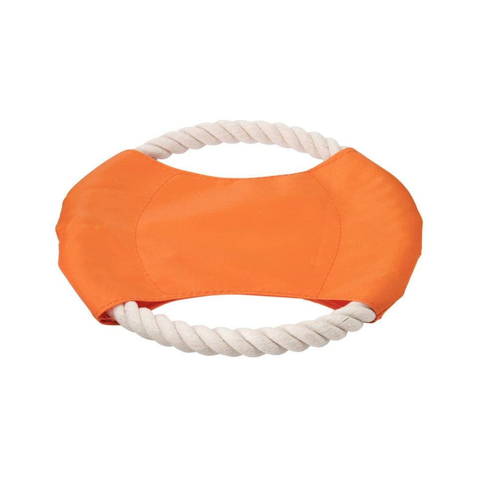 An orange fabric dog toy with a rope handle, featuring a smooth, padded centre.