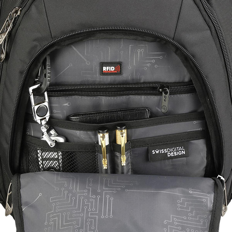 A black backpack interior featuring organisational compartments, pens, and an RFID pocket.