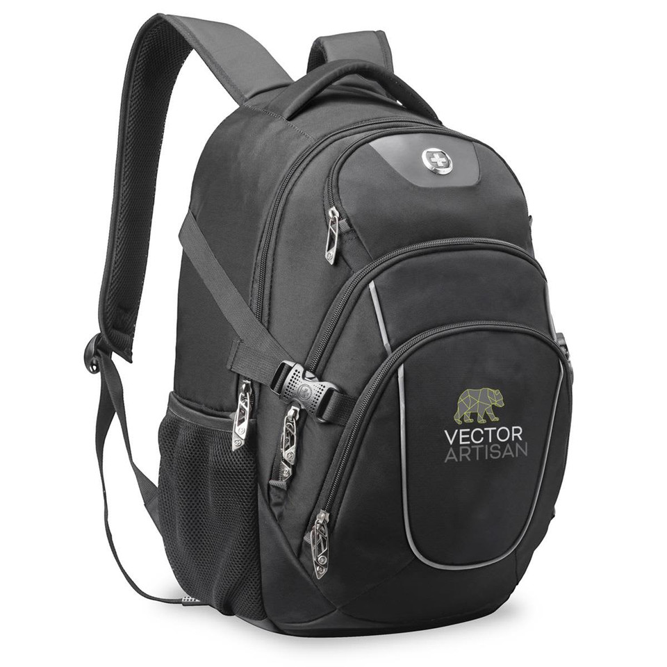 A black backpack featuring multiple compartments, zippers, and a logo. It has padded shoulder straps for comfort.