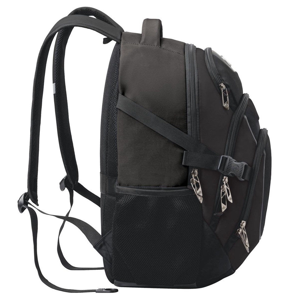 A black backpack with multiple compartments and zippers, featuring padded straps and a side pocket.