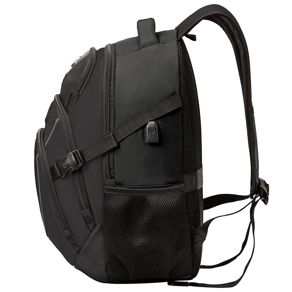 A black backpack with multiple compartments and straps, featuring a side mesh pocket and a logo.